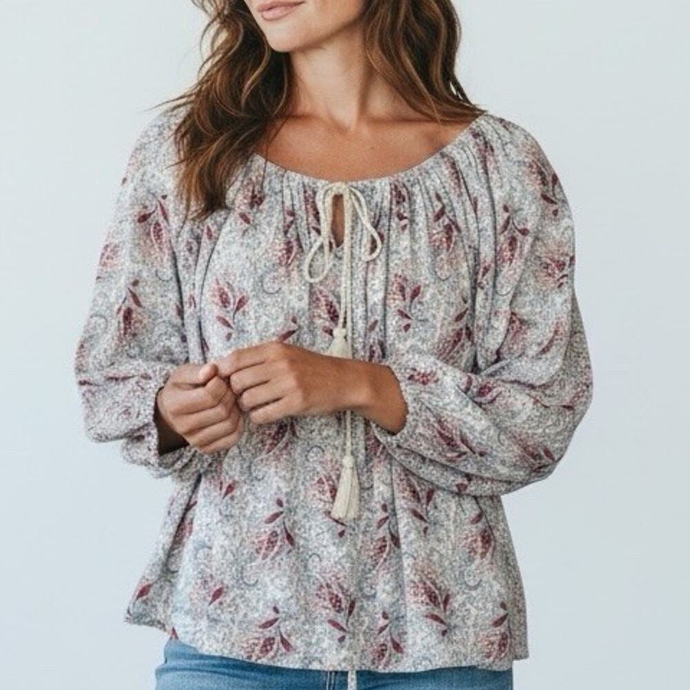 Ralph Lauren Denim Supply Boho Top Size XS Tassel Tie Floral Blue Peasant